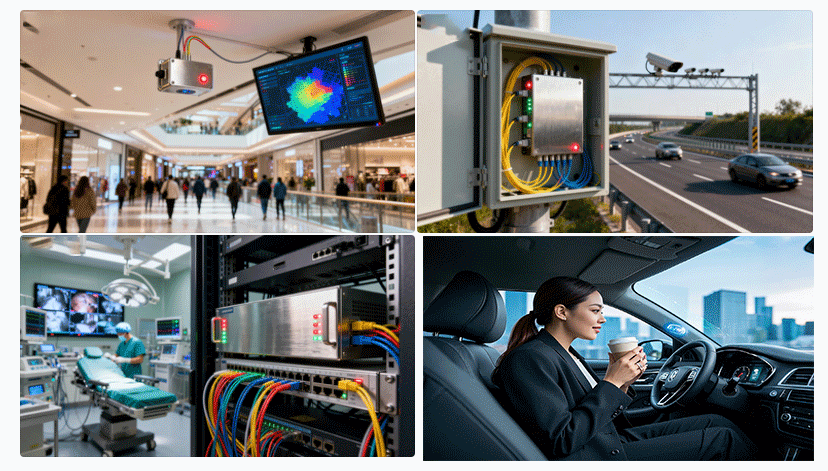 光開關(guān)在室內(nèi)定位、智能交通、醫(yī)療通信等典型場景示意圖 - 廣西科毅