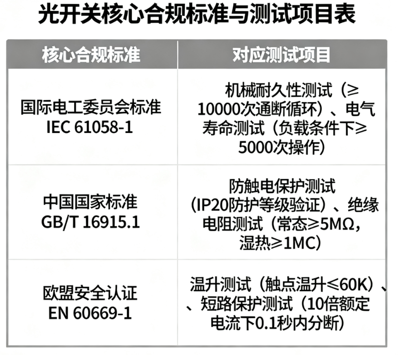 光開關(guān)行業(yè)標(biāo)準(zhǔn)合規(guī)測試項目認(rèn)證要求