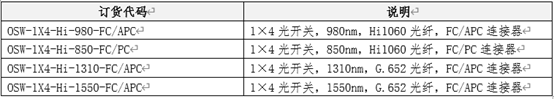 OSW-1×4-Hi系列光開關(guān)訂購(gòu)信息表 - 廣西科毅光通信