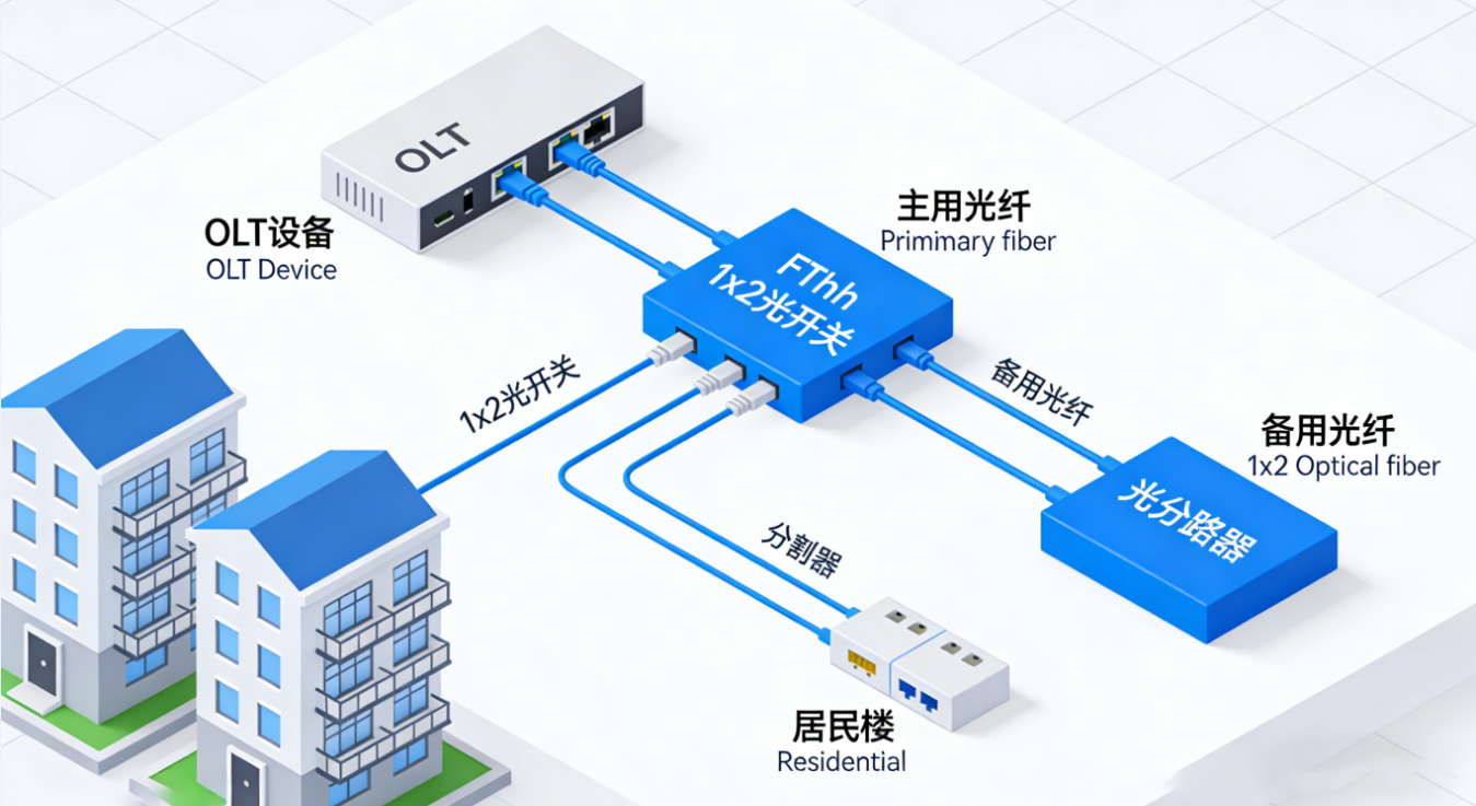 光開關(guān)-FTTH自動(dòng)保護(hù)倒換系統(tǒng)架構(gòu)圖